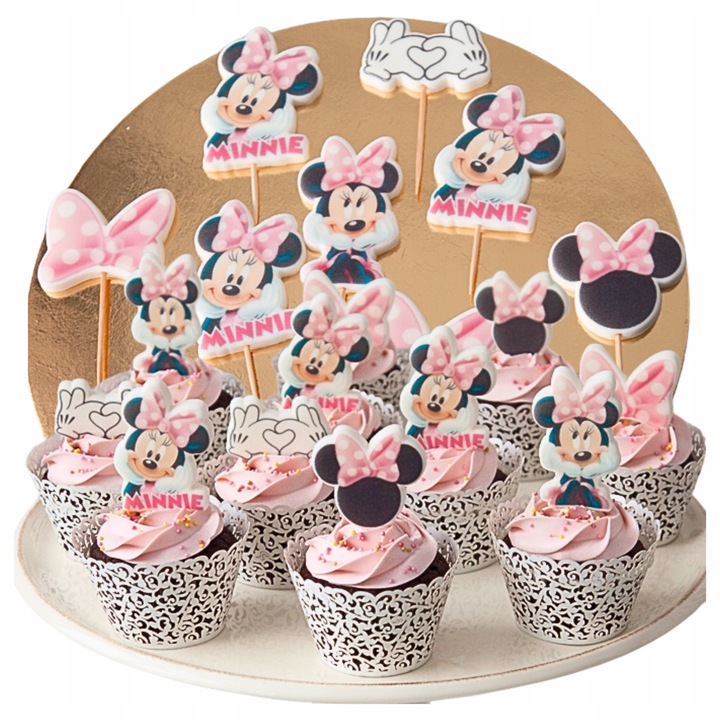 Set figurine tort, Słodka Fanaberia, Minnie Mouse, 11 piese, roz, figurine zahar premium, include fundite si labute, culori vii, decor tematic vesel, comestibil