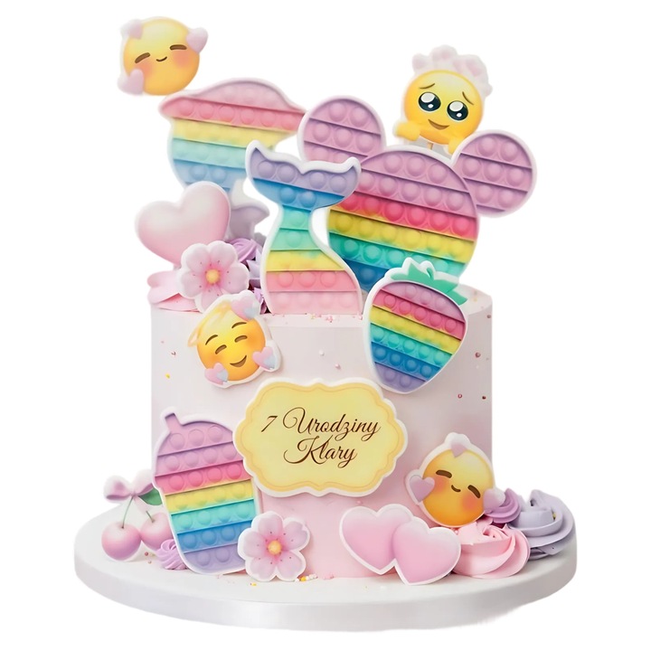 Set decoratiuni tort, Słodka Fanaberia, Pop It 2D, 14 piese, figurine zahar premium, minge, emoji si fructe, culori intense, gata taiate, decor vesel, comestibil