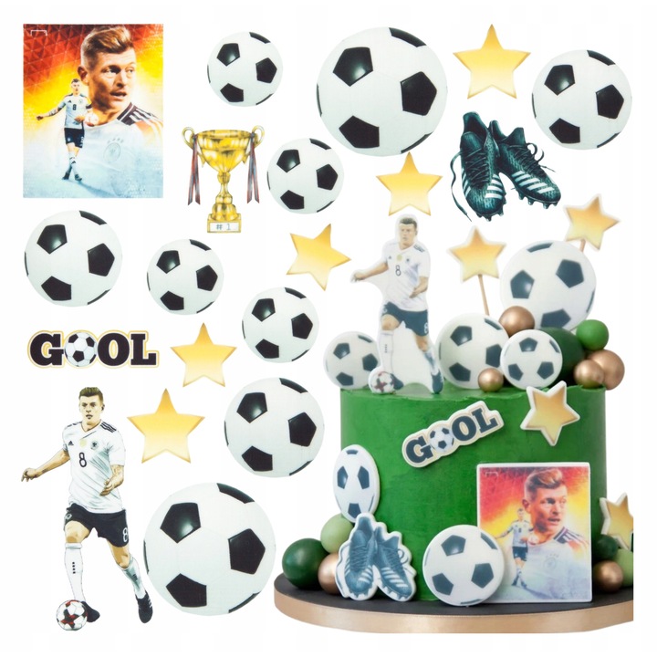 Set decoratiuni tort, Słodka Fanaberia, Toni Kroos, 19 piese, minge, trofeu si ghete, print pe masa de zahar, tematica fotbal, decor sportiv pentru copii