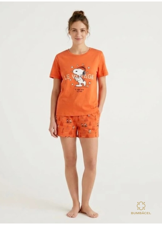 Pijamale din bumbac pentru dame, cu imprimeu si maneca scurta, Portocaliu