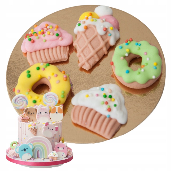 Set figurine tort, Słodka Fanaberia, Dulciuri, 5 piese, inghetata, gogosi si briose, zahar lucrat manual, detalii rzemieślnicze, decor vesel, gata de pus pe tort