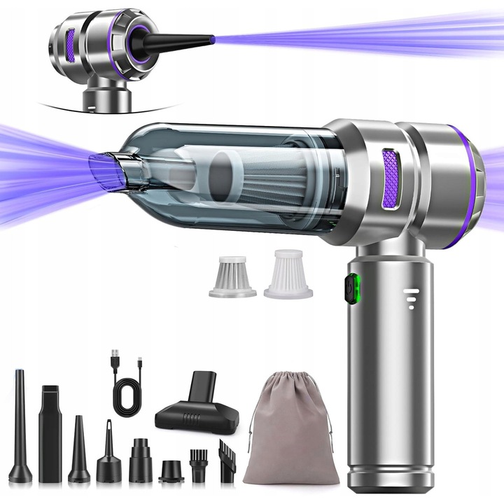 Aspirator auto portabil, 16000Pa, motor fara perii, 9 accesorii, multicolor, 0,45 kg