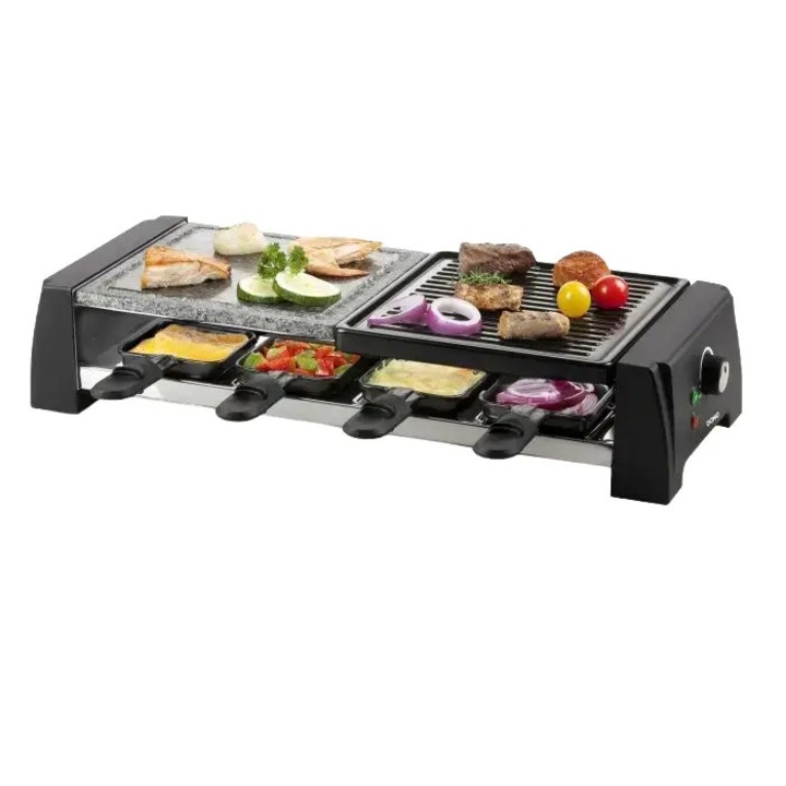 Plita grill si raclette 2in1 DOMO, Duo Stone, pentru 8 persoane, 8 linguri de lemn, 8 raclette, placa grill detasabila, invelis antiaderent, incalzire rapida, fara PFA, gatiti fara ulei in exces, alternativa sanatoasa, pastreaza nutrientii, 1200 W, negru
