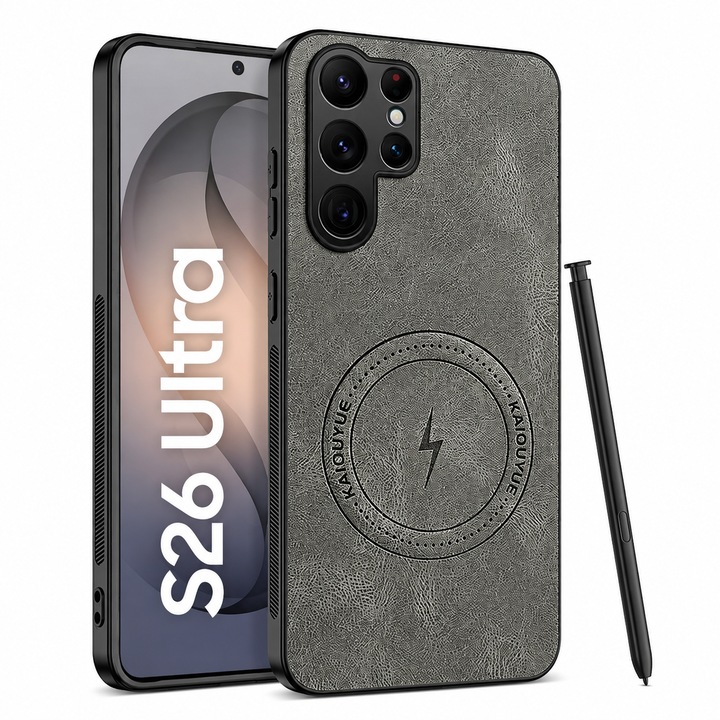 Husa pentru Samsung Galaxy S26 Ultra, Piele Ecologica Nappa, Suport Magnetic MagSafe, Protectie Premium, Design Elegant, Gri