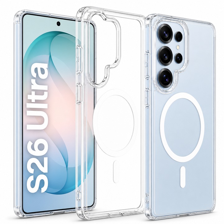Husa pentru Samsung Galaxy S26 Ultra, MagSafe, Incarcare Wireless, Protectie Camera, Ultra Slim, Anti-Soc, Spate PC + Margini TPU, Transparent