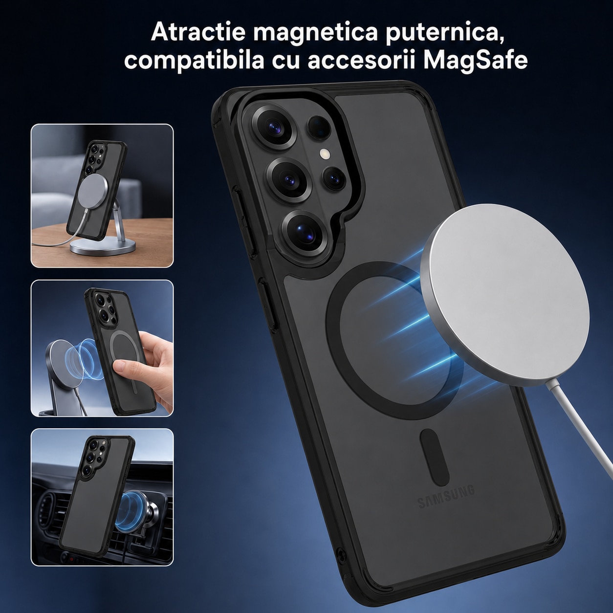 Husa pentru Samsung Galaxy S26 Ultra, MagSafe, Incarcare Wireless, Protectie Camera, Ultra Slim, Anti-Soc, Spate PC + Margini TPU, Negru Transparent