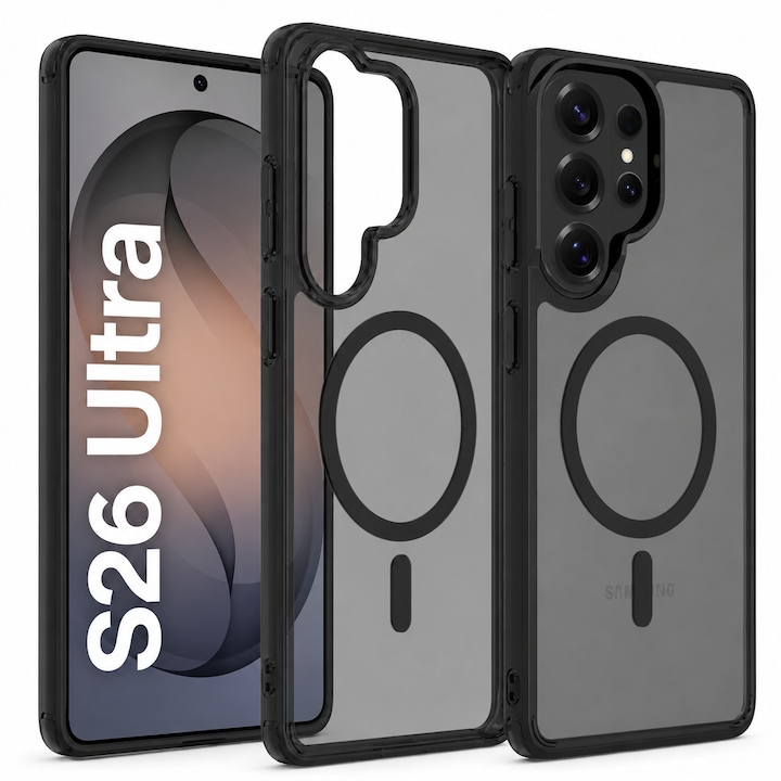 Husa pentru Samsung Galaxy S26 Ultra, MagSafe, Incarcare Wireless, Protectie Camera, Ultra Slim, Anti-Soc, Spate PC + Margini TPU, Negru Transparent