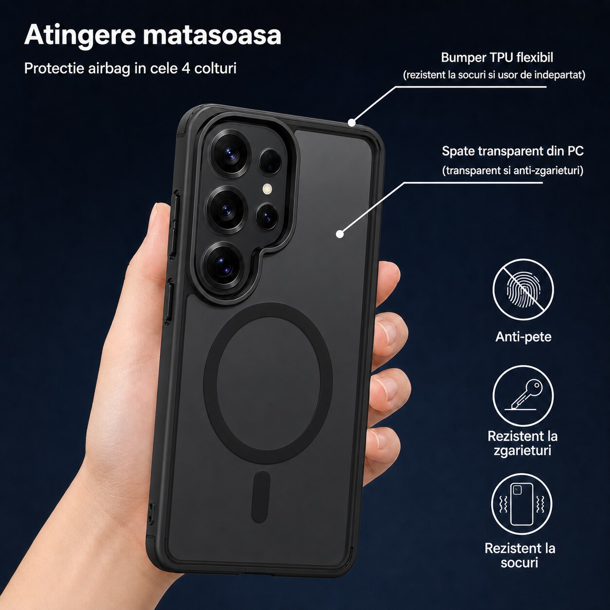 Husa pentru Samsung Galaxy S26 Ultra, MagSafe, Incarcare Wireless, Protectie Camera, Ultra Slim, Anti-Soc, Spate PC + Margini TPU, Negru Transparent