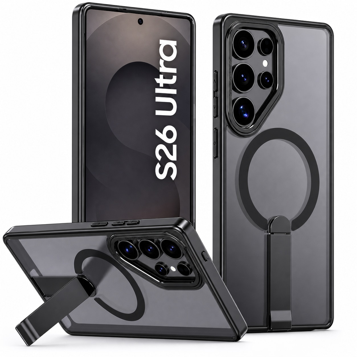 Husa pentru Samsung Galaxy S26 Ultra, MagSafe, Suport Metalic Pliabil, Protectie Antisoc, Negru Transparent