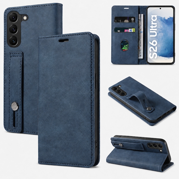 Husa de protectie pentru Samsung Galaxy S26 Ultra, Piele Fina Ecologica, Tip Portofel, Suport Stand, Slot Card, Inchidere Magnetica, Albastru Inchis