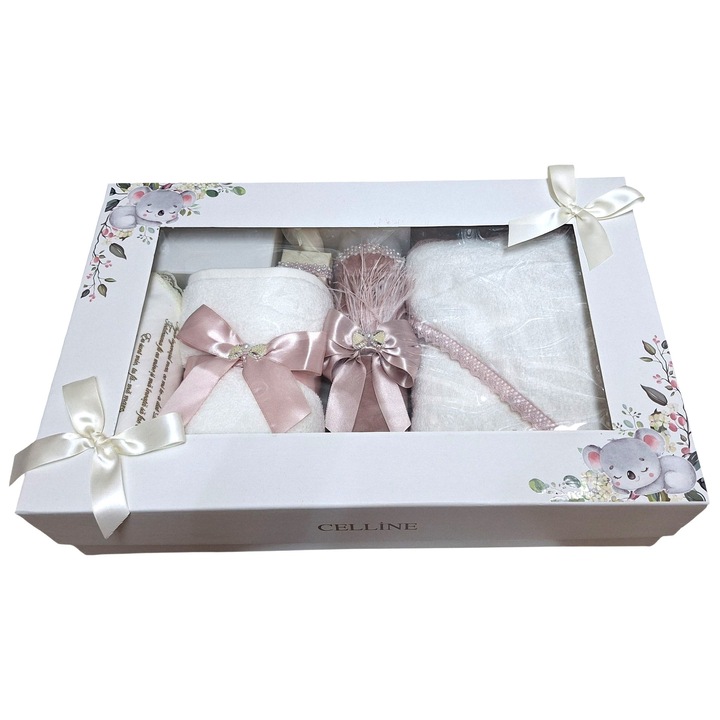 Trusou botez mare Celline cu lumanare inclusa set complet pentru biserica Alb - Roz Prafuit TRB535TRC