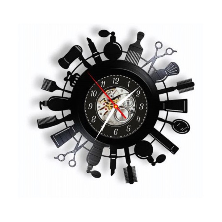 Dekoratív falióra - Barbershop Classic - Borotva, Olló és Úriember Sziluett Design - bakelit lemezből (Vinyl Record) készült, Fekete