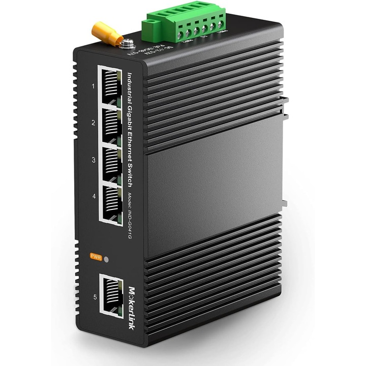 Intrerupator industrial 5-porturi PoE Gigabit, 60W, IP40, montaj pe sina DIN