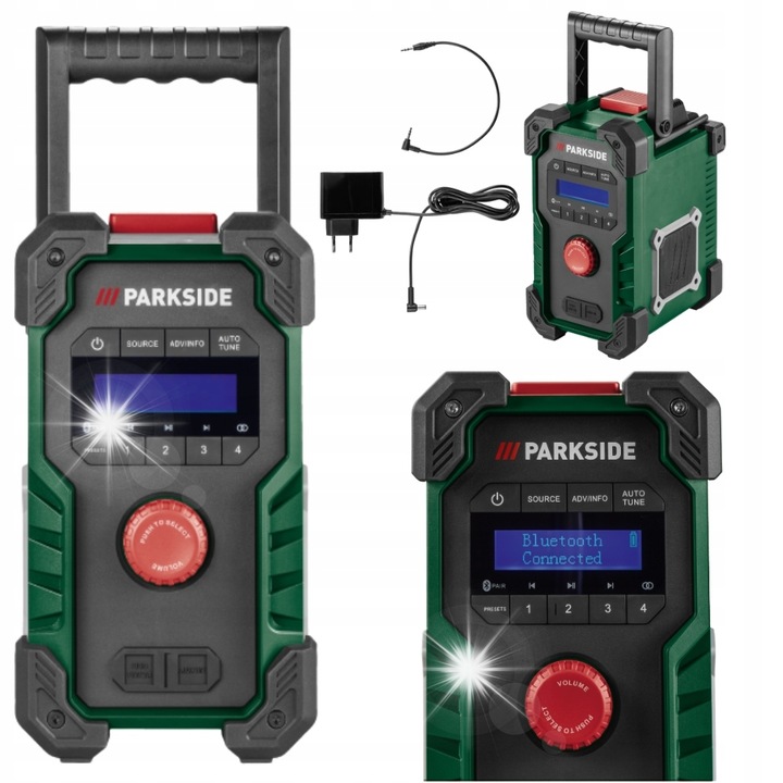 Преносимо радио Parkside PBR 10 A1 Bluetooth DAB/DAB+/FM, 20V, комплект със захранващ адаптер и AUX кабел