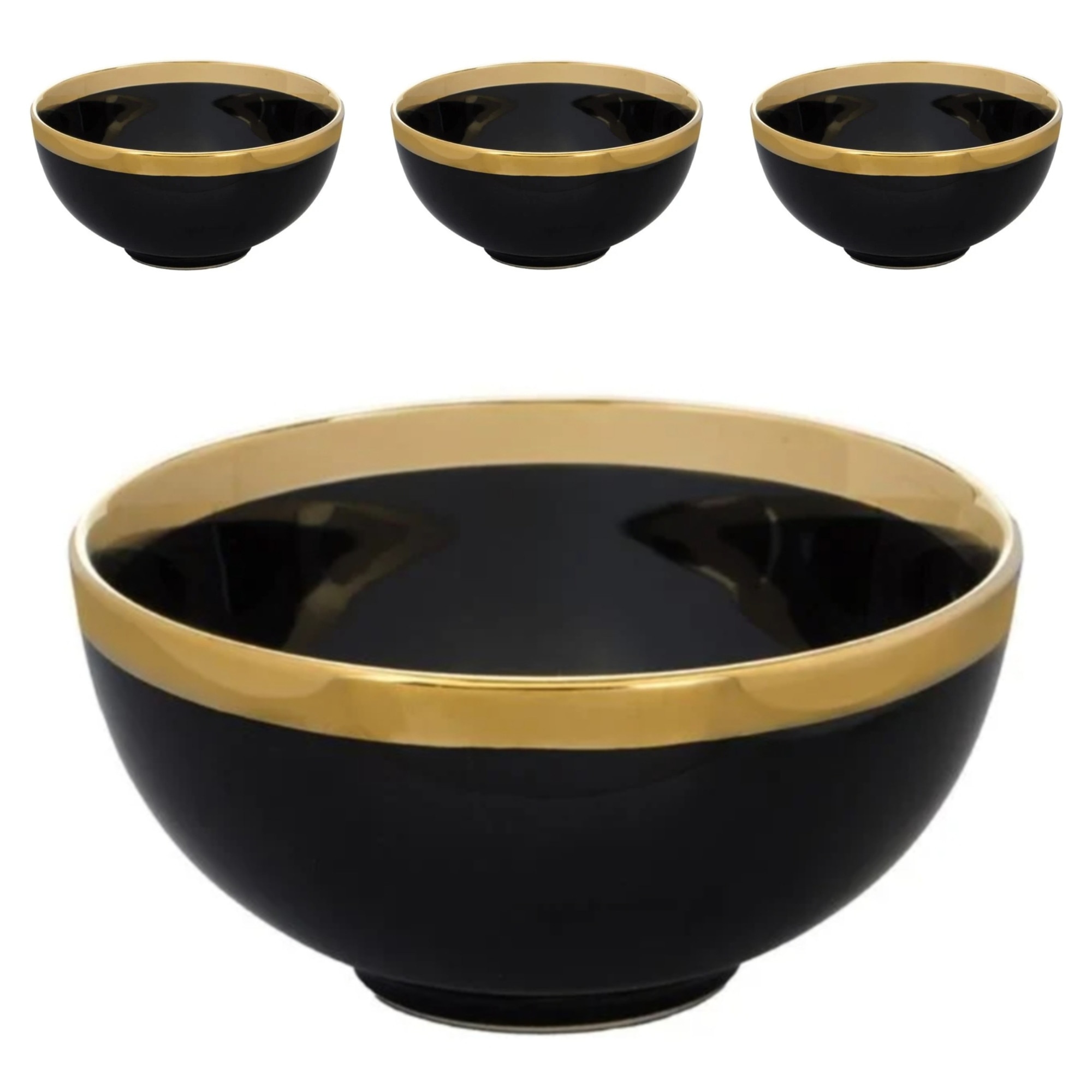 Set de 4 boluri de ceramică margini aurii x7cm negre 14x7cm, 520 ml