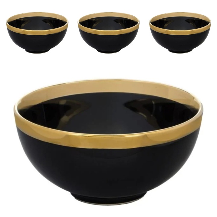 Set 4 boluri ceramice, negre cu margini aurii, 520ml, 14x7cm