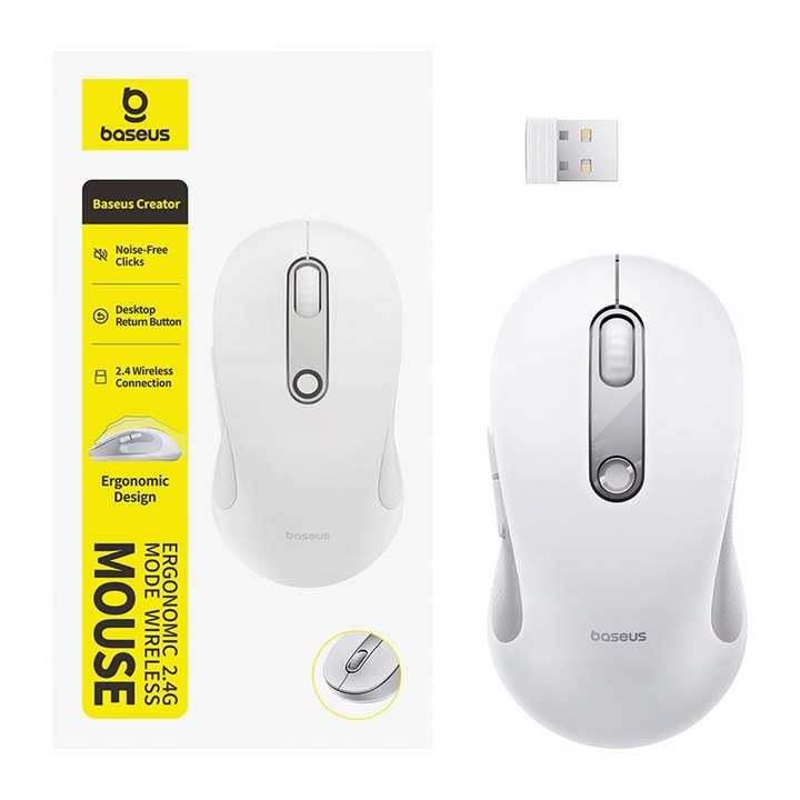 Mouse wireless ergonomic Baseus F02, alb, 2.4G, 3 niveluri DPI, 70g
