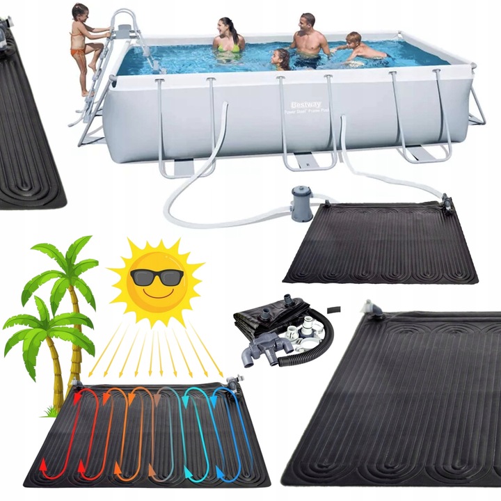 Екологична слънчева подложка за подгряване на вода, 120x120см, 2 адаптера, PVC, комплект