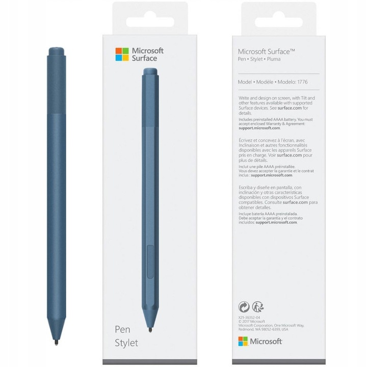 Rysik Microsoft Surface Pen Model 1776, Ice Blue, set cu baterie AAAA, compatibilitate cu Surface Go, Laptop, Pro, Book, Studio
