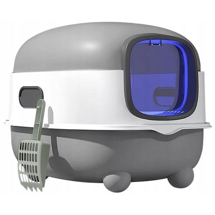 Litiere pentru pisici, duza zamknieta, gri-alb, cu lopatica verde, cu lumina UV, mare, set