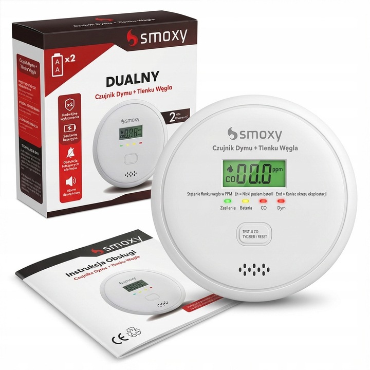 Двоен детектор за дим и въглероден оксид Smoxy, звукова аларма 85dB, LED дисплей, 10.5см, пълен комплект