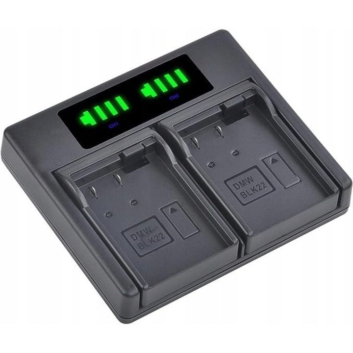 Set acumulatori DuraPro DWM-BLK22 280 mAh cu incarcator dublu LED USB tip C pentru camere Panasonic, 2 baterii