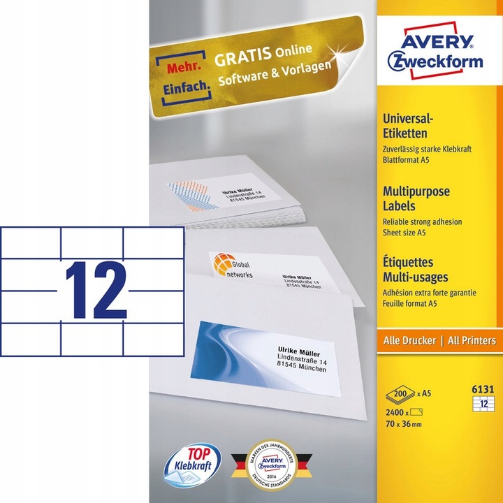 Etichete autoadezive 70x36mm A5 albe, set, pentru toate tipurile de imprimante