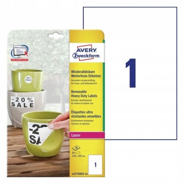 Etichete autoadezive, Avery Zweckform, set 20 foi, 210x297mm, alb, usor de indepartat