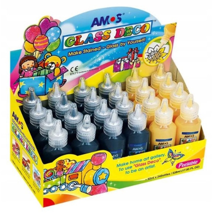 Set de vopsele vitraj Amos Glass Deco 22ml, aurie si neagra, 24 bucati