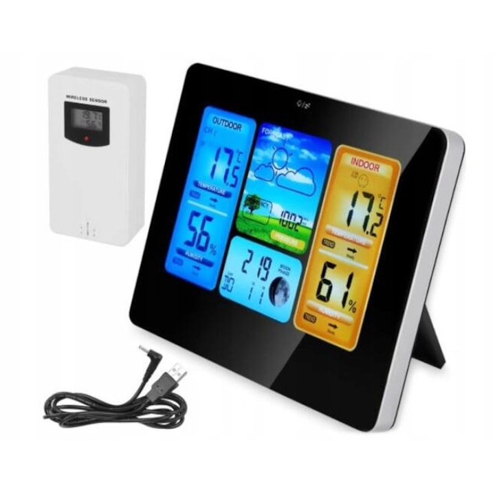 Statie meteorologica, senzor wireless, afisaj LCD, prognoza vremii, 60m, 17,5x17x13cm