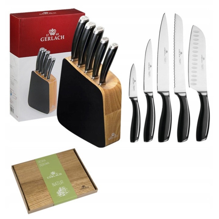 Set 5 cutite cu bloc din lemn, Gerlach Loft, inox, 3,5"-8", 30x24cm
