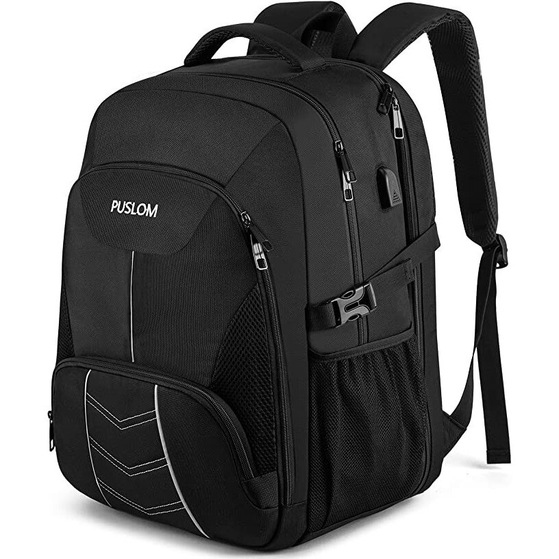 Rucsac calatorie PUSLOM 55L, impermeabil, cu port USB, negru, 27x41x54cm