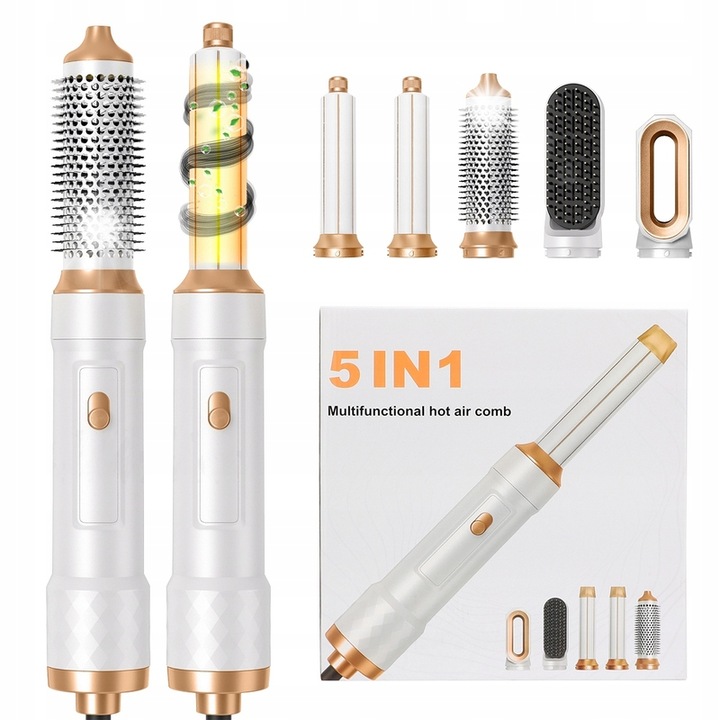 5 az 1-ben hajszárító kefe készlet, meleg levegős, fehér-arany, 1000W, 3 hőmérséklet beállítás