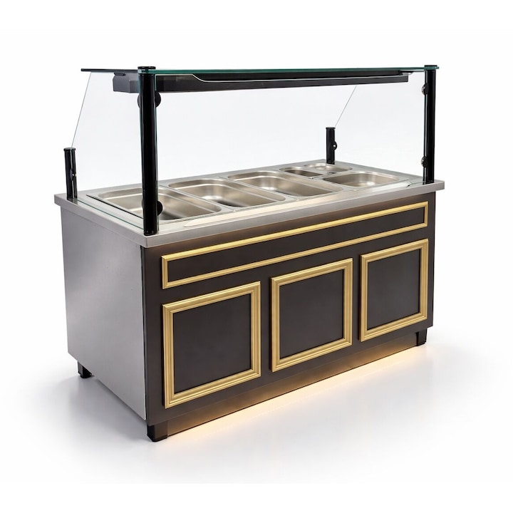 Vitrina frigorifica tip Salad Bar linie autoservire Ideal Inox 4 GN design MDF GRI cu insertii AURII si blat INOX