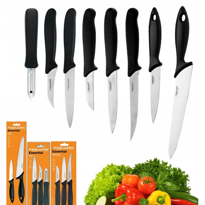 Set 8 cutite Fiskars Essential, inox, negru, 21x11cm