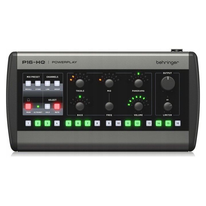 Mixer audio Behringer P16-HQ, 16 canale, convertor digital-analogic 114 dB, control LED, dimensiuni compacte