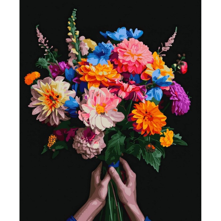 Set de pictura pe numere, Kolorowy Bukiet, 40x50 cm, 30 culori, panza neagra