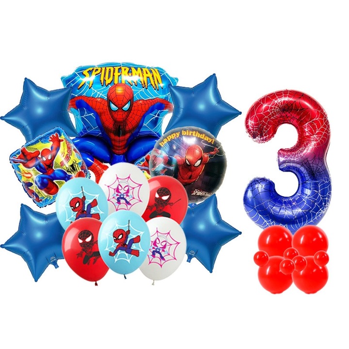 Set de baloane Spiderman! Include baloane din folie (inclusiv un numar 3 neon), baloane din cauciuc imprimate si baloane clasice de diferite dimensiuni. Perfect pentru ziua de nastere a unui mic fan al supereroilor