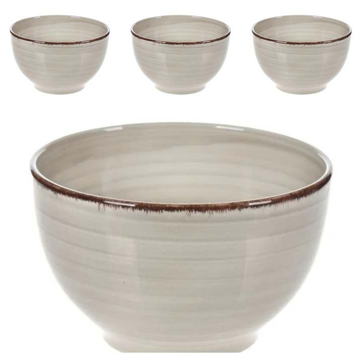 Set 4 boluri ceramice, bej cu dungi orizontale si margini maro, 850ml, 14.5x9cm