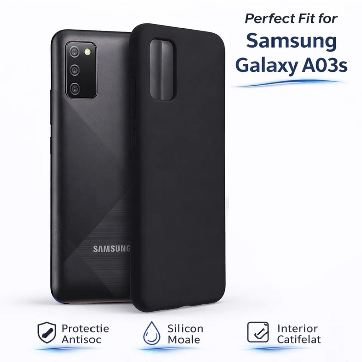 Husa pentru Samsung Galaxy A03S din Silicon Catifelat, Protectie Premium, Antisoc, set cu sticker, soft edge, Negru
