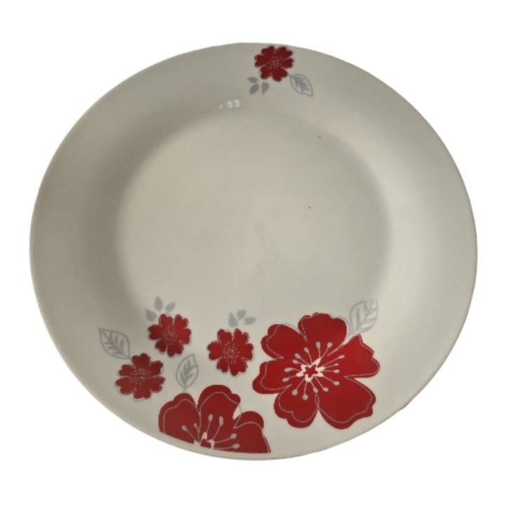 Lapos tányér, 23 cm, Cesiro, Porcelán, Fehér piros virágokkal
