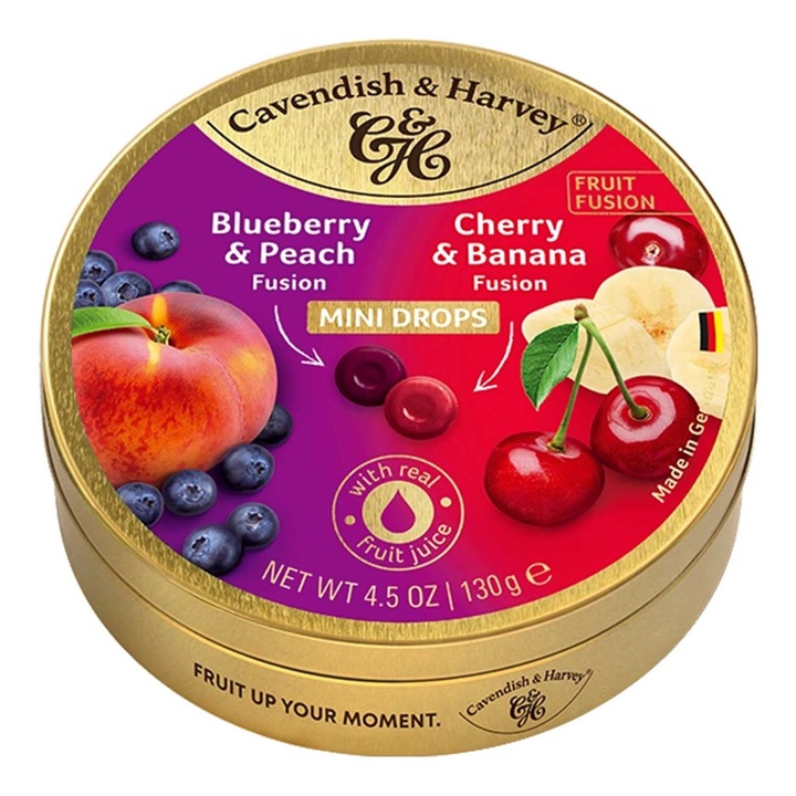 Dropsuri umplute cu arome de afine cu piersici si cirese cu banana, Cavendish & Harvey, 130g