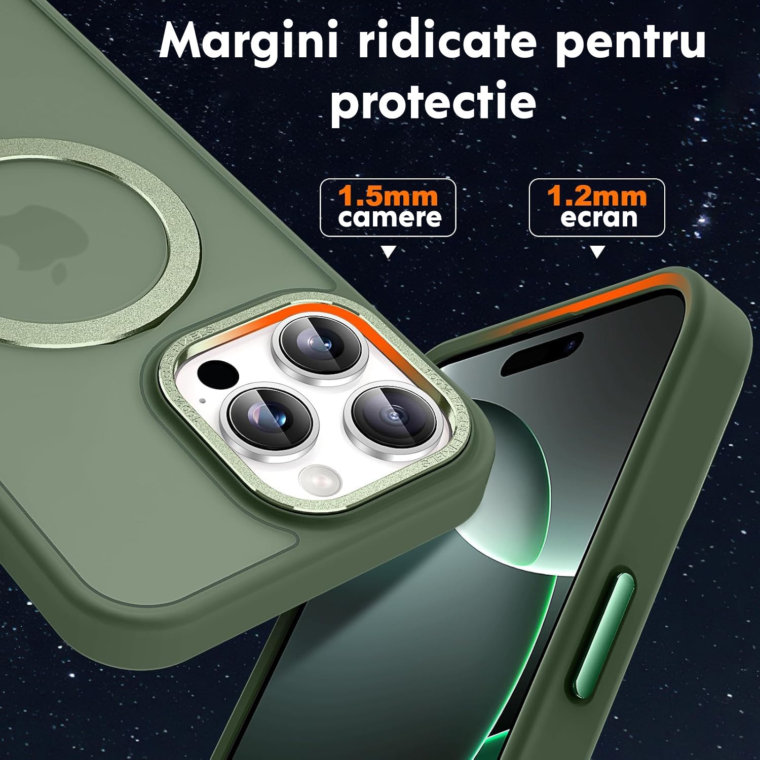 Husa pentru iPhone 16 Pro Max Premium Magsafe Ring, Inel de Prindere, Incarcare Wireless, Antisoc, Fumuriu cu margini Verzi