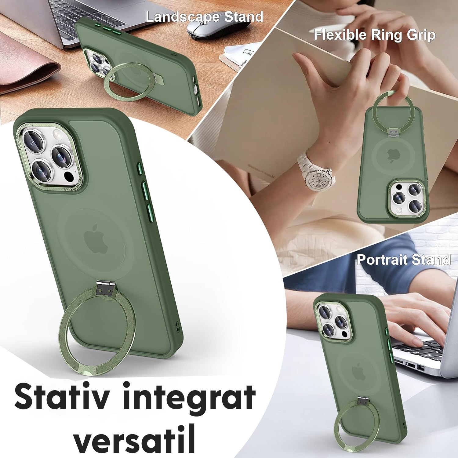 Husa pentru iPhone 16 Pro Max Premium Magsafe Ring, Inel de Prindere, Incarcare Wireless, Antisoc, Fumuriu cu margini Verzi