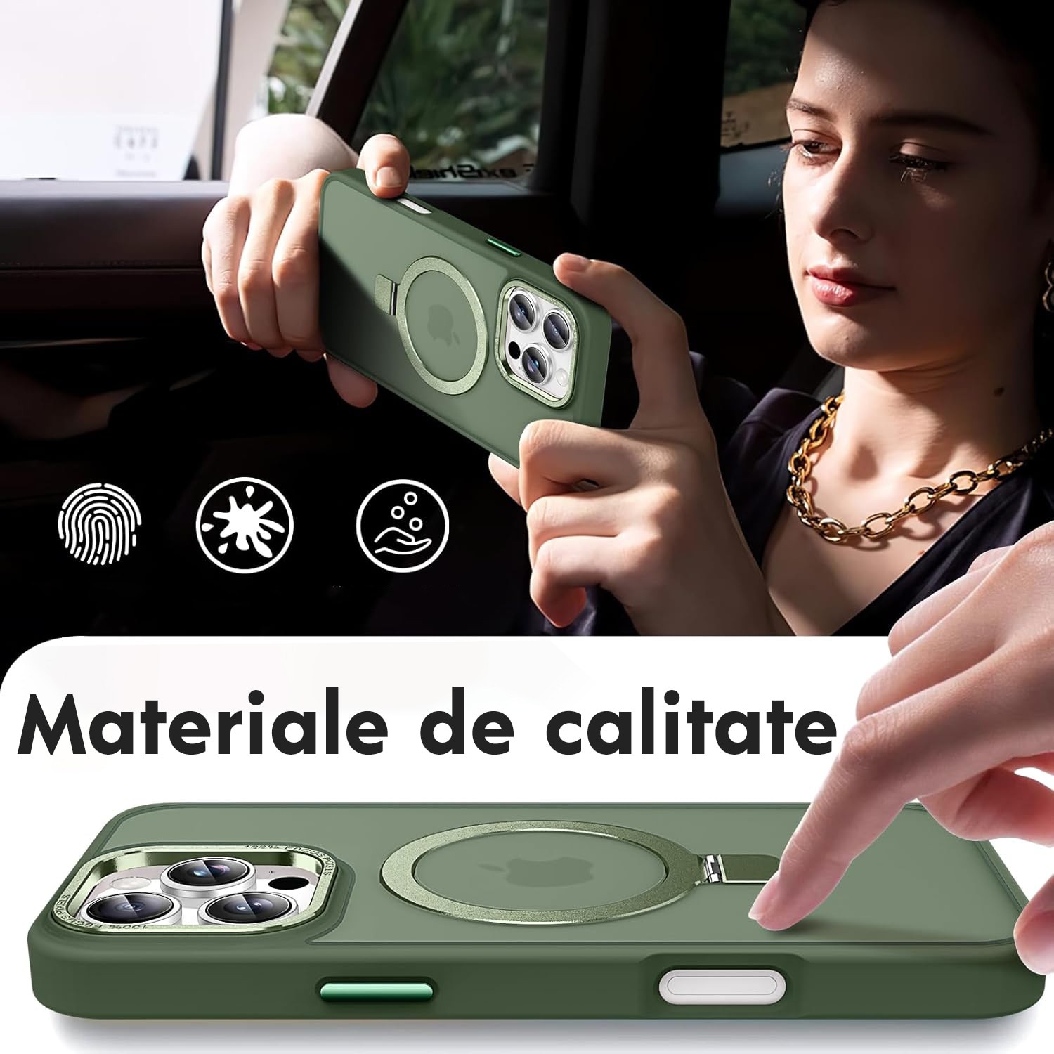 Husa pentru iPhone 16 Pro Max Premium Magsafe Ring, Inel de Prindere, Incarcare Wireless, Antisoc, Fumuriu cu margini Verzi