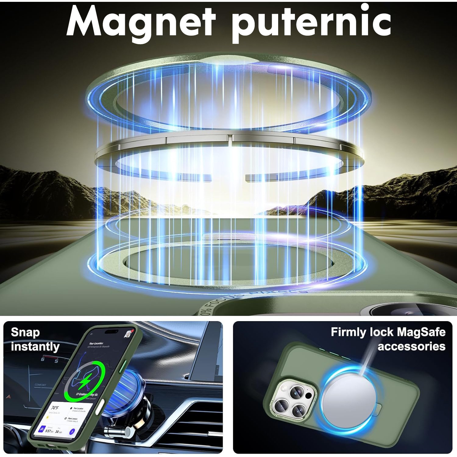 Husa pentru iPhone 16 Pro Max Premium Magsafe Ring, Inel de Prindere, Incarcare Wireless, Antisoc, Fumuriu cu margini Verzi