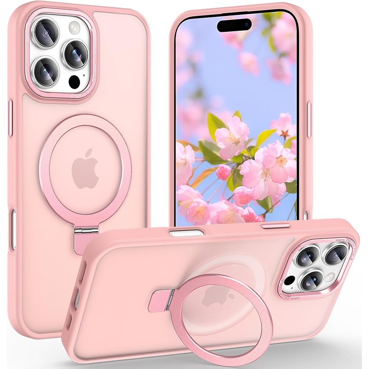 Husa pentru iPhone 16 Pro Max Premium Magsafe Ring, Inel de Prindere, Incarcare Wireless, Antisoc, Fumuriu cu margini Roz