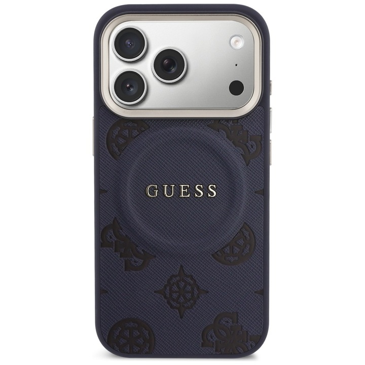 Carcasa de protecție Guess Peony Hot Stamp MagSafe, albastru, pentru iPhone 17 Pro, material piele/ecologic, design elegant