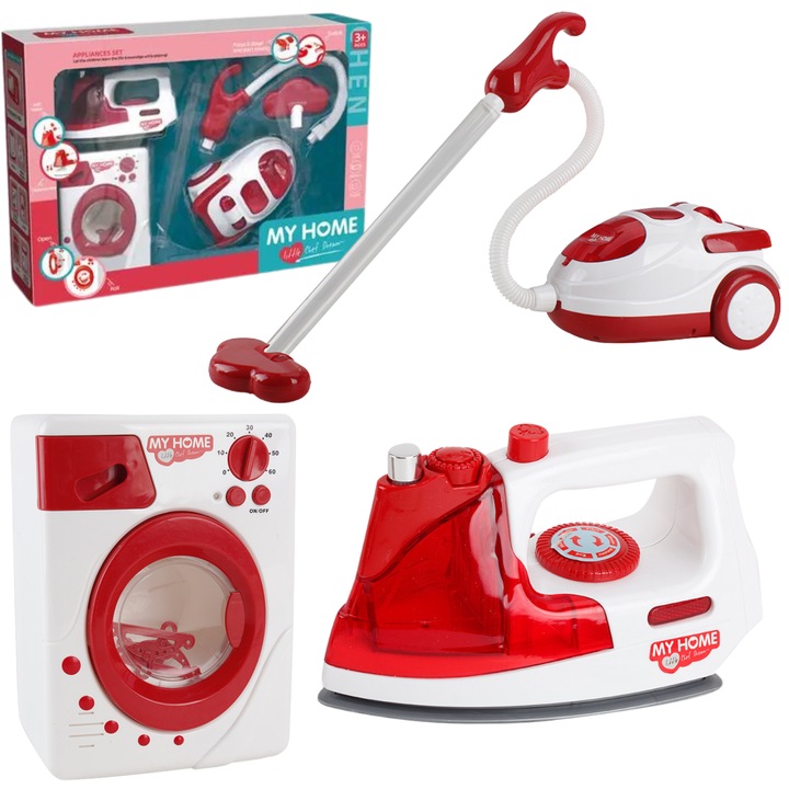 Set de curatenie pentru copii, Maksik, aspirator, fier de calcat, masina de spalat, multicolor, 55x12,5x38,5cm