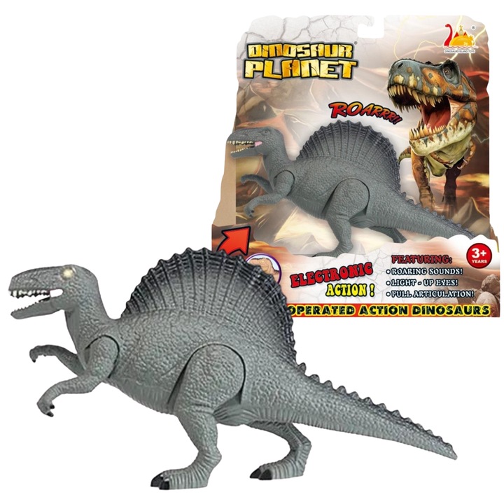 Figurina dinozaur interactiva, Maksik, efecte luminoase si sonore, dimensiuni 29x9,5x26cm, include baterii 3AG13